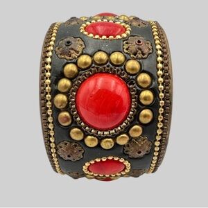 Iris Apfel & Bajalia Multi Colored Studded Thick Cuff Bangle Bracelet Brass